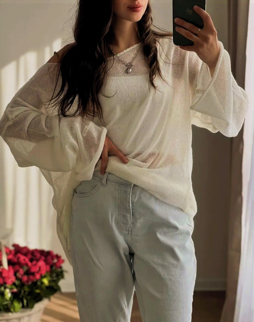 Damen luftiger Oversize-Strickpullover mit weitem Schnitt und transparentem Gewebe Amawinc