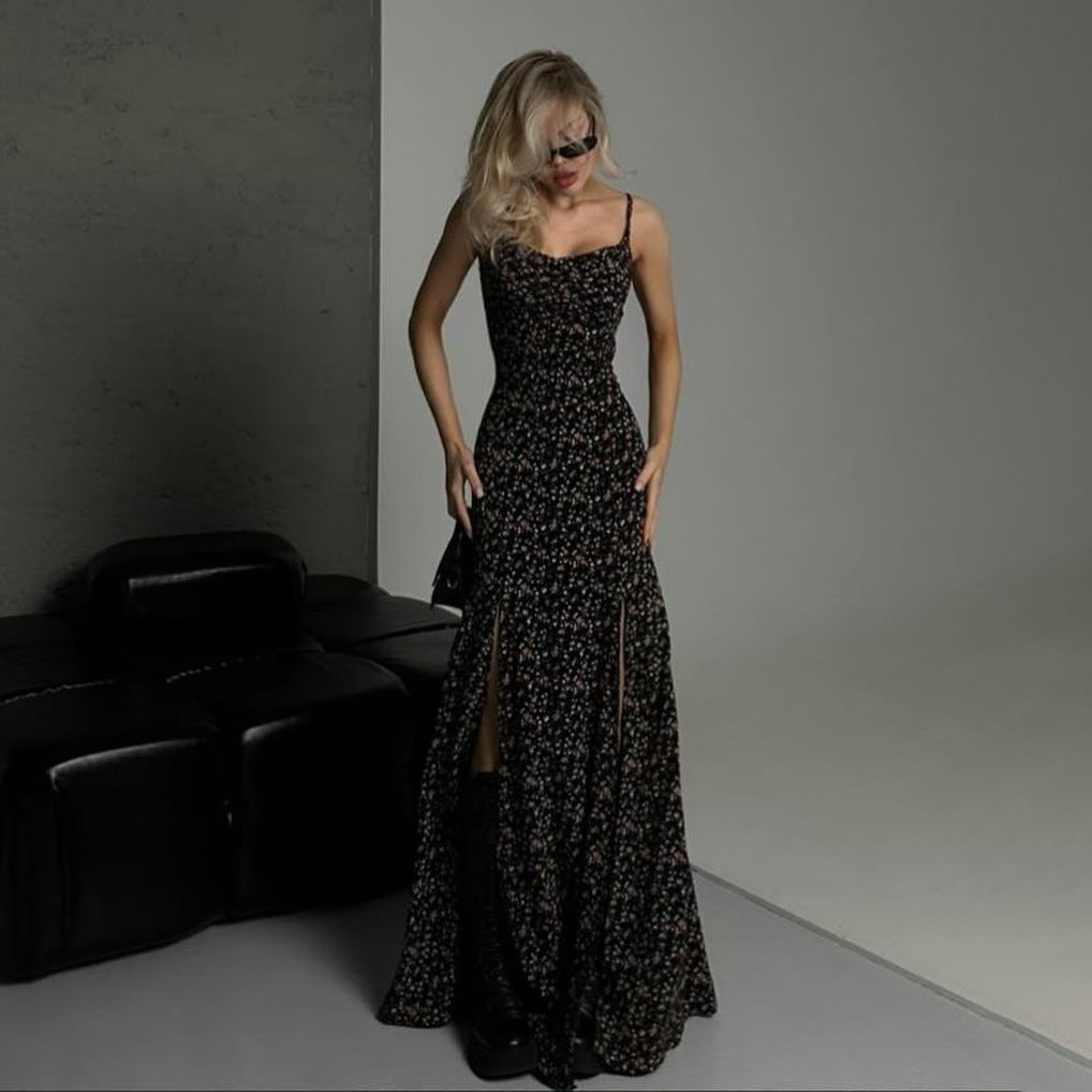 Robe Maxi Femme Slim Fit Bretelles Spaghettis Fente Haute Imprimé Floral Chic Élégante Pour Été