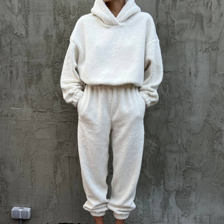 Damen gemütlicher Fleece-Jumpsuit mit elastischem Bund und Kapuze Amawinc