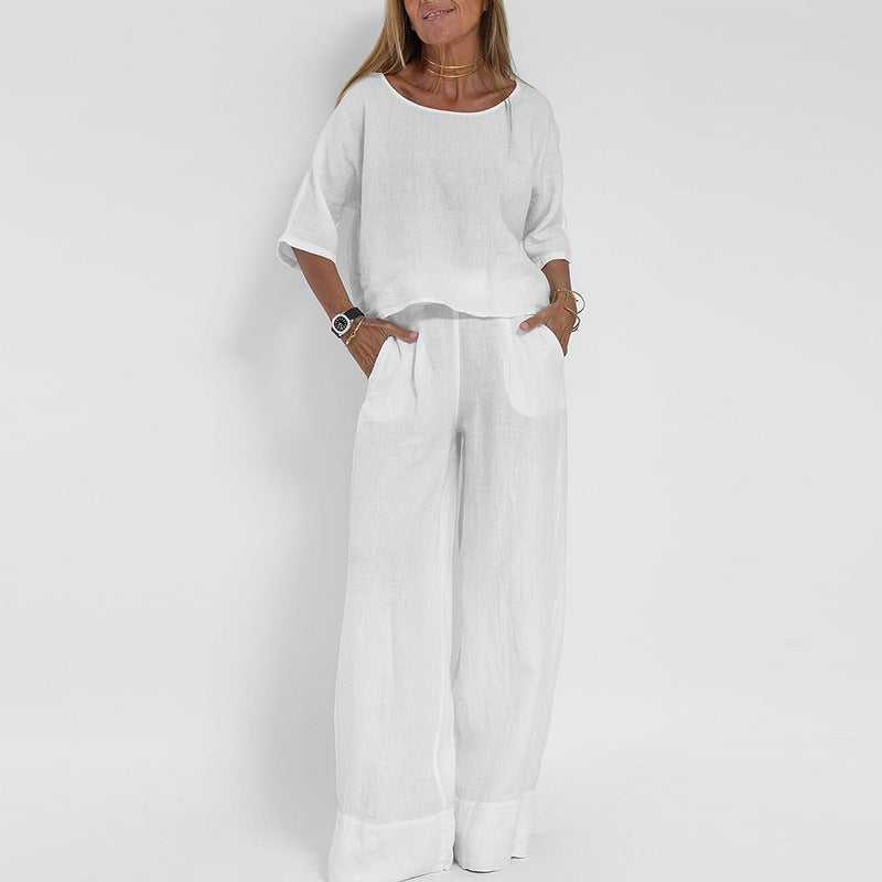 Ensemble Femme Lin Mélange Coupe Décontractée Haut Manches Courtes Pantalon Large