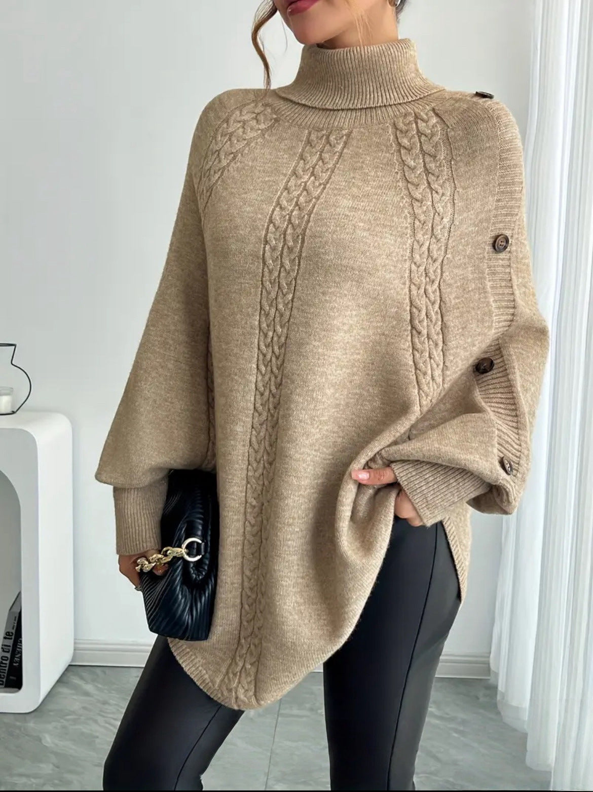 Damen Eleganter Strickponcho mit Rollkragen und Zopfmuster Amawinc