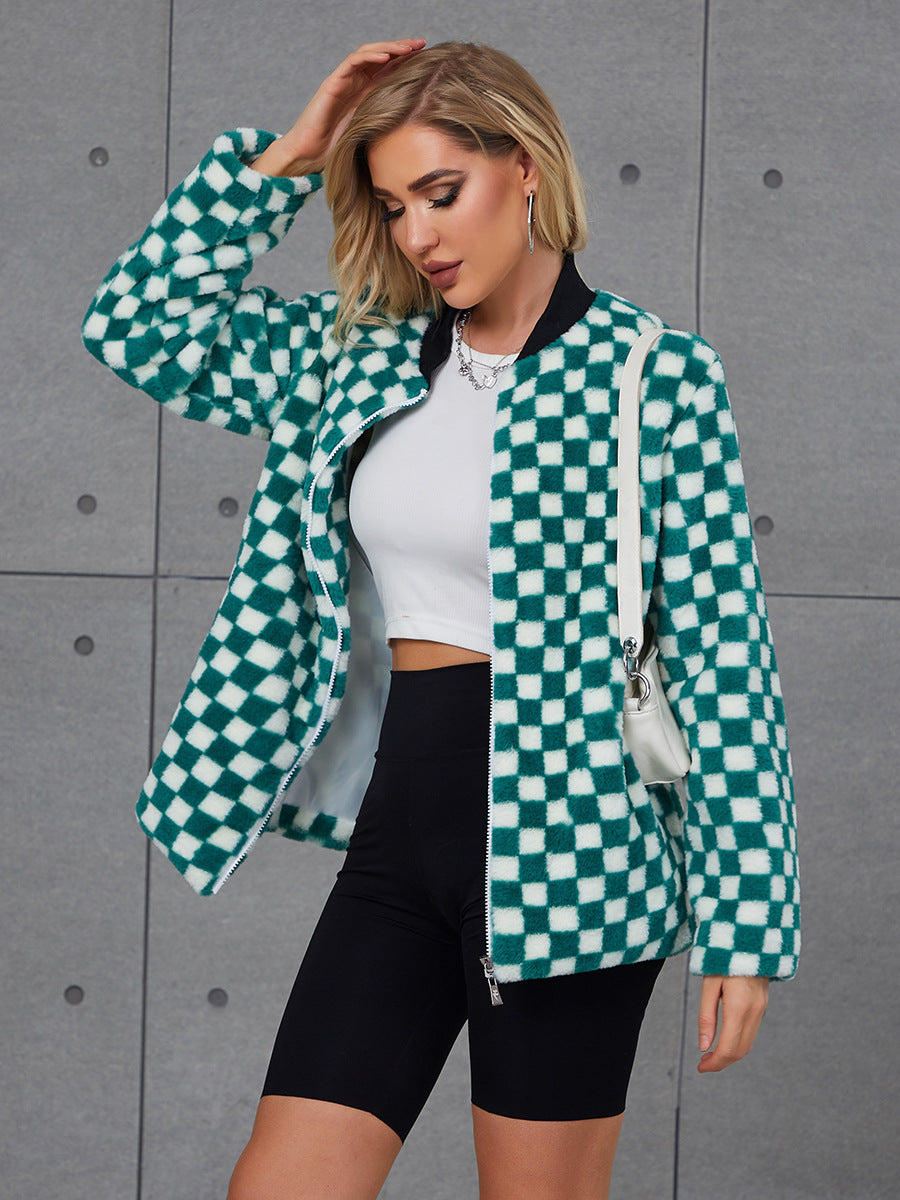 Damen Modische Kunstpelzjacke mit Karomuster und hohem Kragen Amawinc