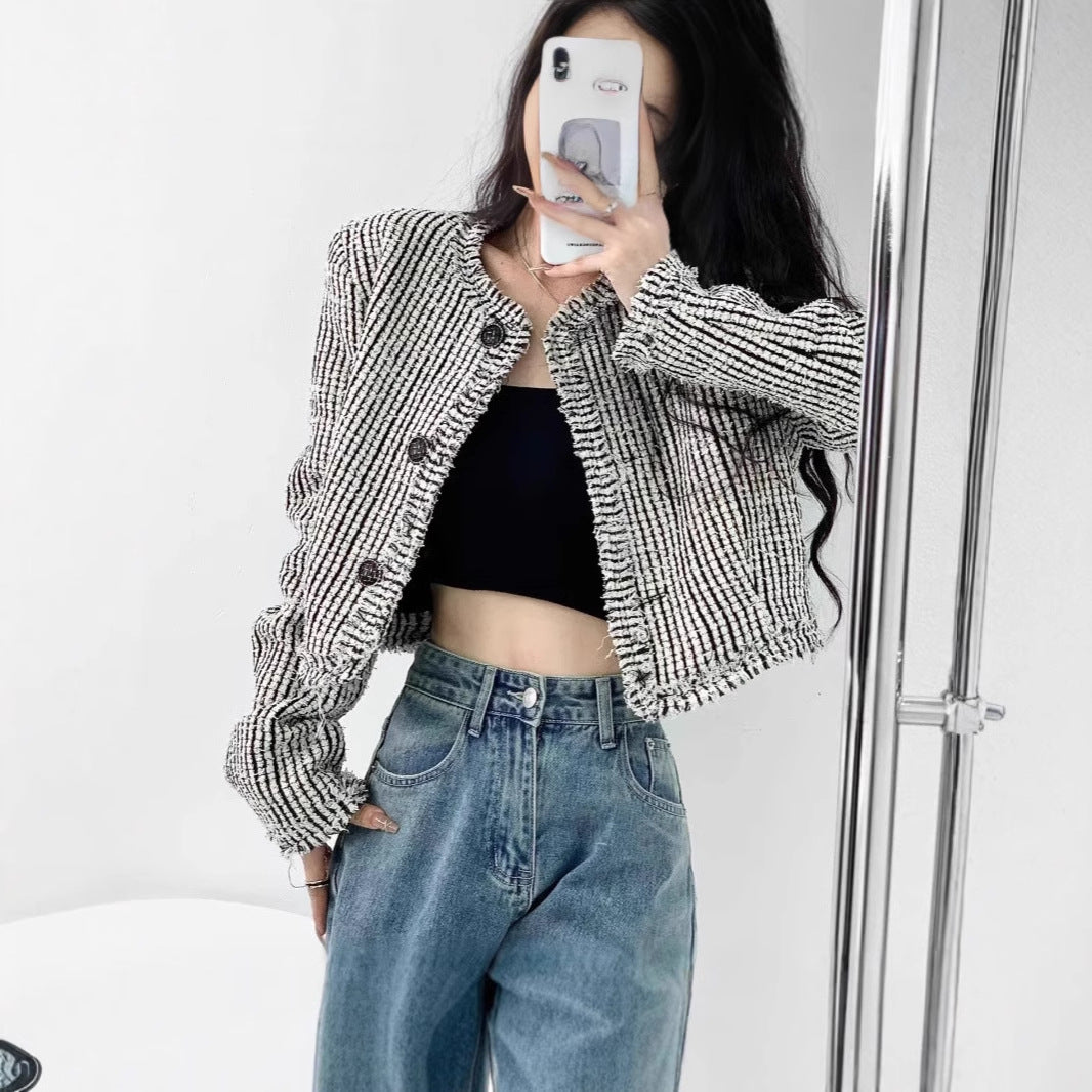 Damen trendige Bouclé-Jacke mit dekorativen Knöpfen und lässigem Schnitt Amawinc