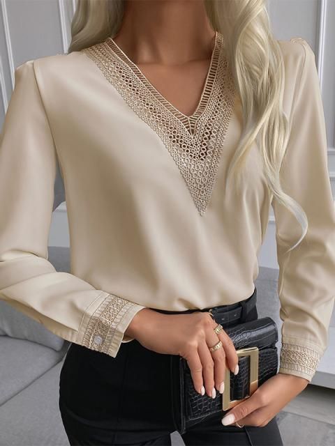Damen elegante Bluse mit Spitzenbesatz Amawinc
