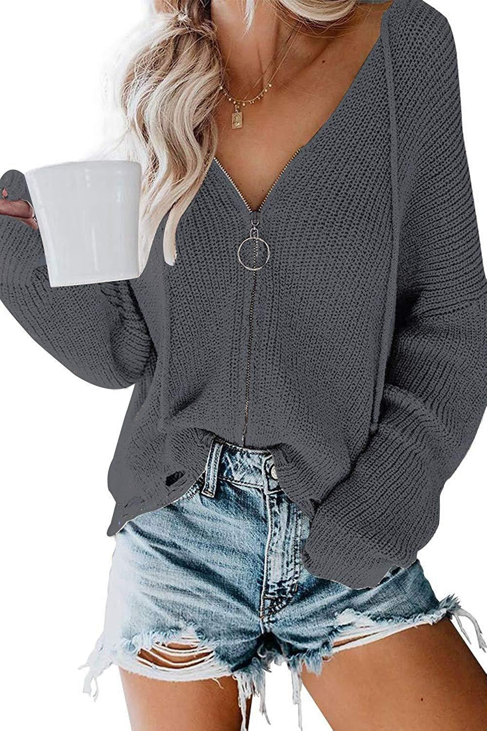 Damen Lässiger Pullover mit modernem Reißverschluss und weitem Schnitt Amawinc