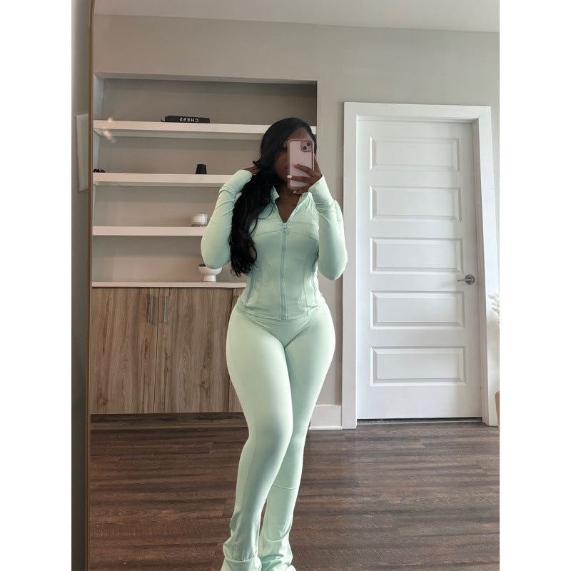 Damen figurbetonender Jumpsuit mit Hochkragen und durchgehendem Reißverschluss Amawinc