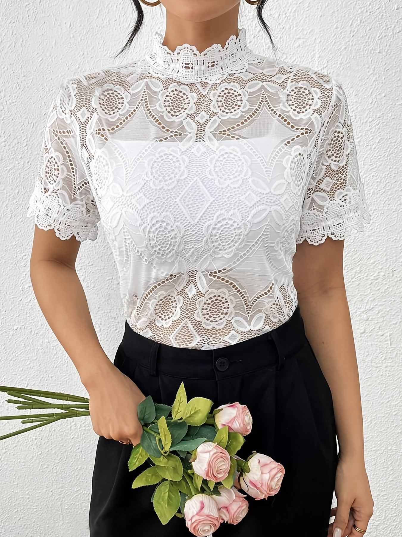 Damen Spitzentop mit Stehkragen und romantischen Details Amawinc