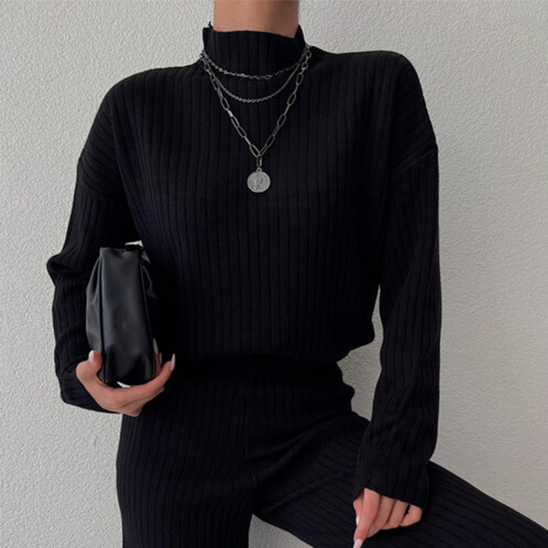 Ensemble Femme En Maille Côtelée Coupe Décontractée Manches Longues Pantalon Large À Jambe Évasée Nordic Flair