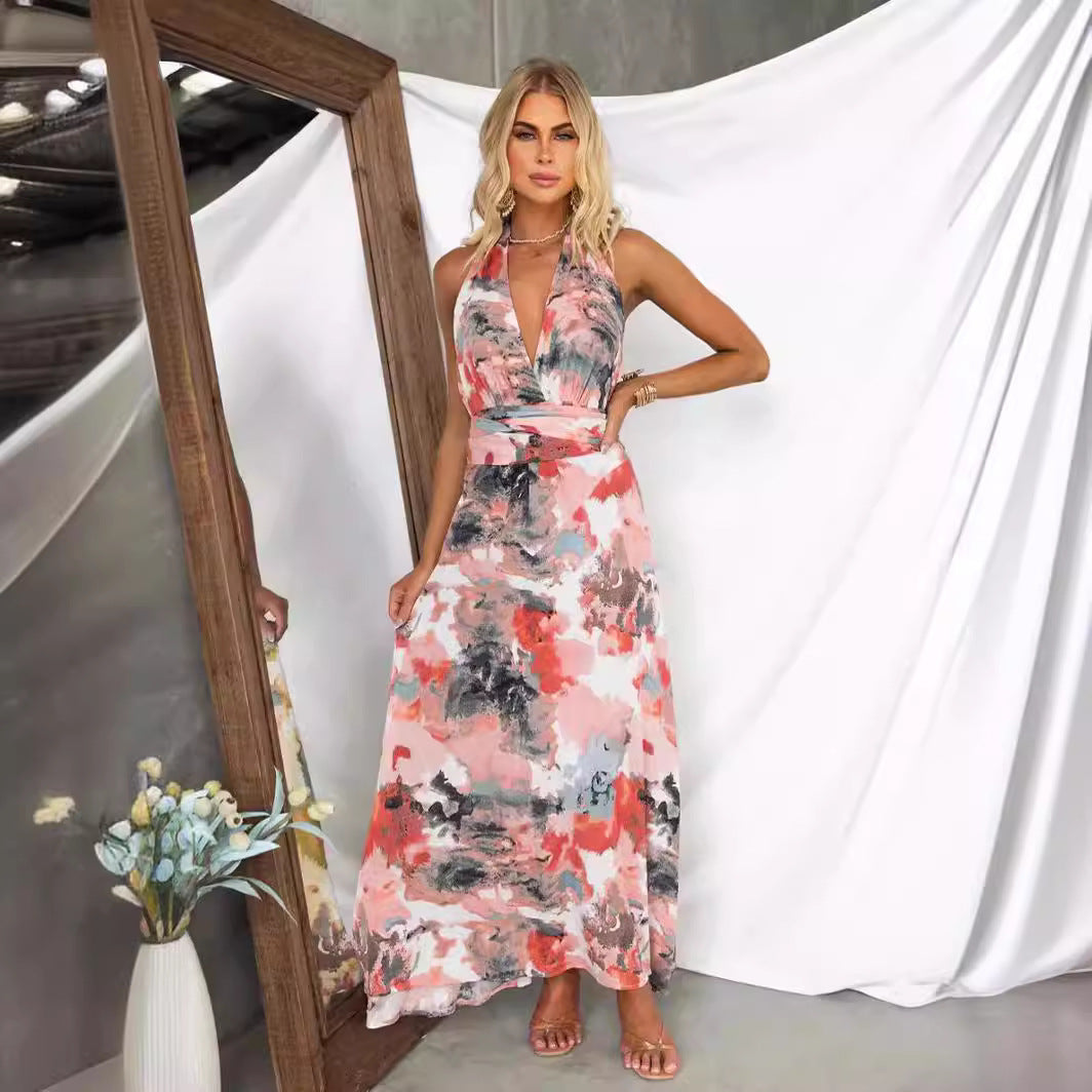 Robe Femme À Coupe A-Line En V Avec Dos Noué Imprimé Artistique Léger Tissu Été Chic