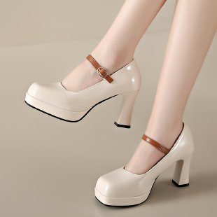 Damen Plateau-Pumps mit elegantem Riemchen und komfortablem Blockabsatz Amawinc