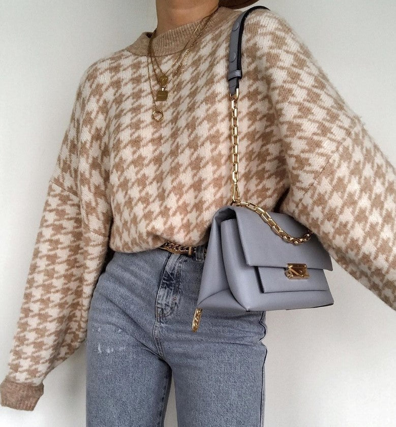 Damen Grobstrickpullover mit modernem Hahnentrittmuster und lässigem Schnitt Amawinc