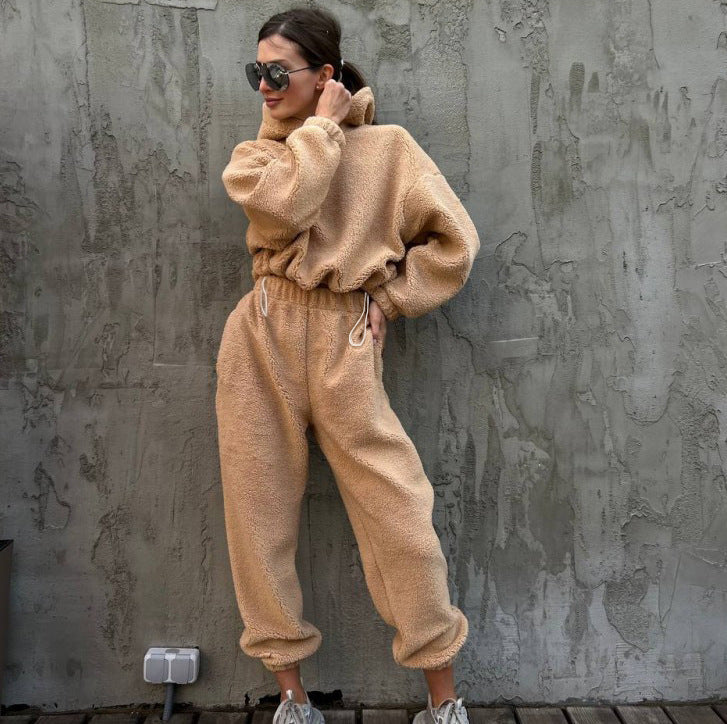 Ensemble Deux Pièces Loungewear Pour Femme Fleece Sweat À Capuche Oversize Et Pantalon Taille Haute Doux