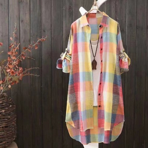 Damen Karo-Hemdbluse im lässigen Oversized-Schnitt mit langen Ärmeln und umschlagbaren Ärmeln Amawinc