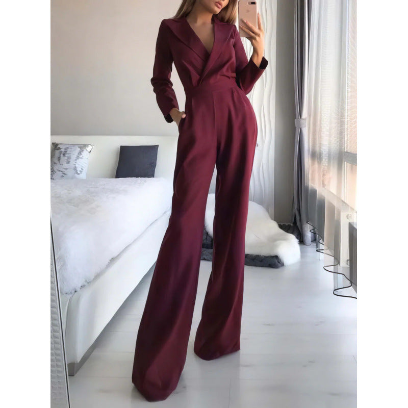 Damen eleganter Jumpsuit mit langem Bein und klassischem Schauspielkragen Amawinc