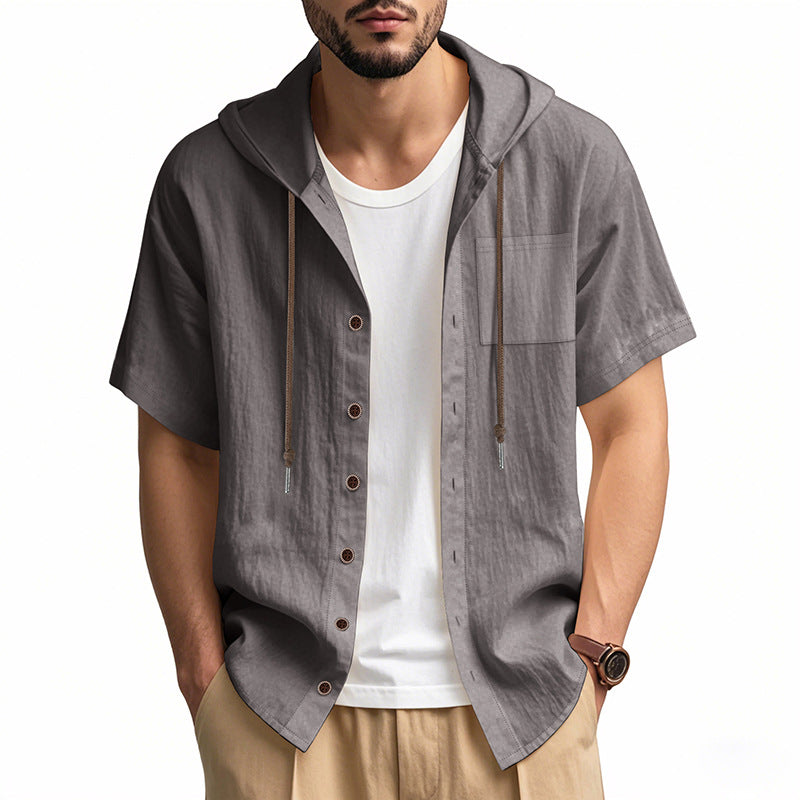 Chemise À Capuche En Lin Mélangé Pour Homme Manches Courtes Coupe Décontractée Fermeture Bouton Idéale Pour L'Été