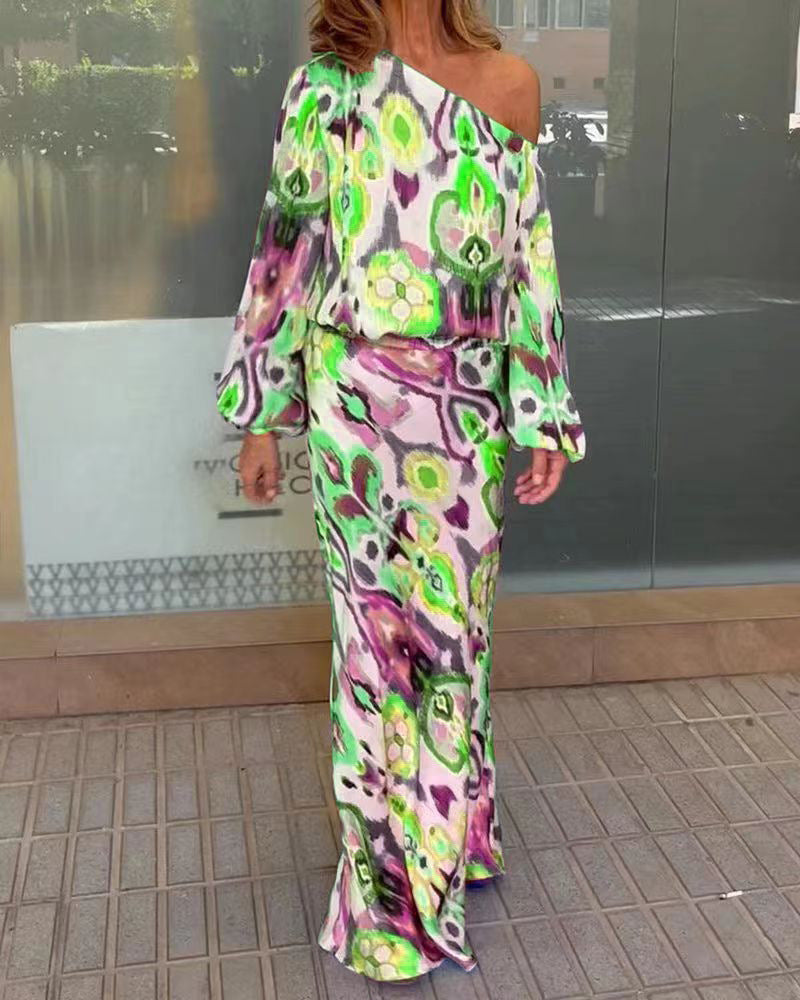 Damen Elegantes Maxikleid im grafischen Batikdesign mit Off-Shoulder-Ausschnitt und voluminösen Ärmeln Amawinc