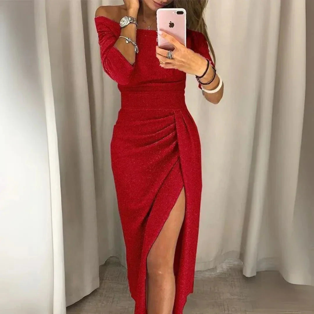 Robe Olga Glamour À Épaules Dévoilées Glitter Bodycon Froncée Avec Fente Latérale