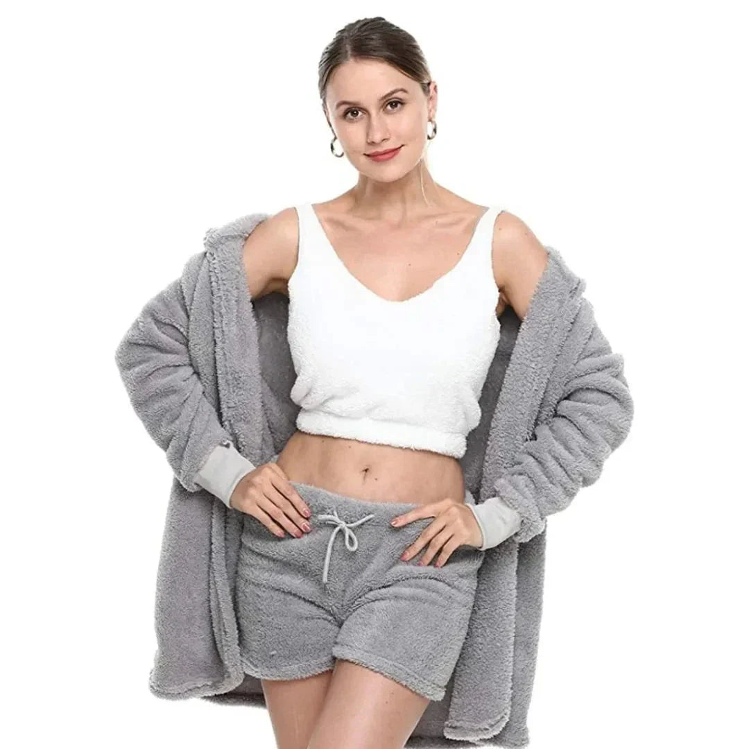 Olga Ensemble Vêtements De Détente 3 Pièces Avec Capuche Ultra Doux Top Court Et Short À Cordon
