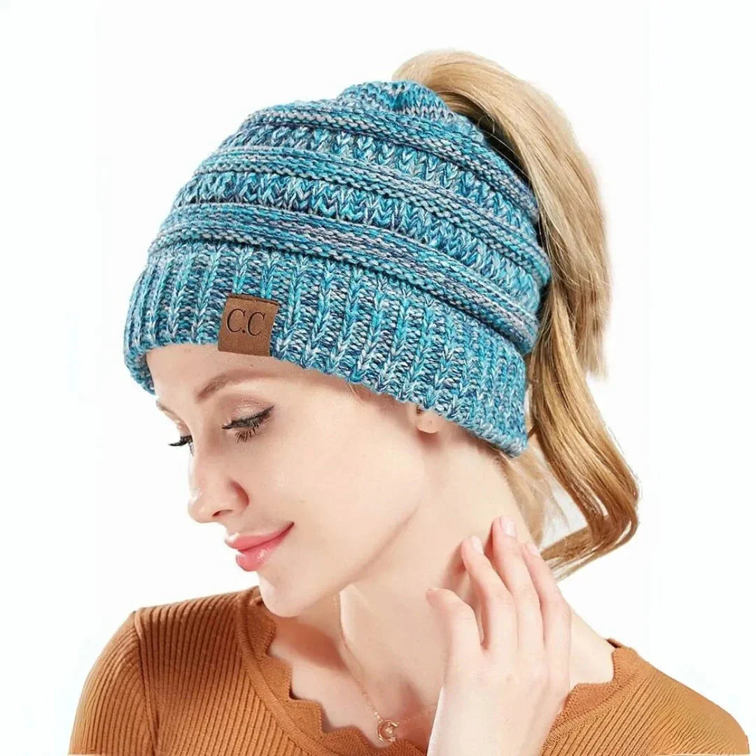 Bonnet Tricot Olie Avec Ouverture Pour Queue De Cheval Maille Chaude Confortable Et Élastique