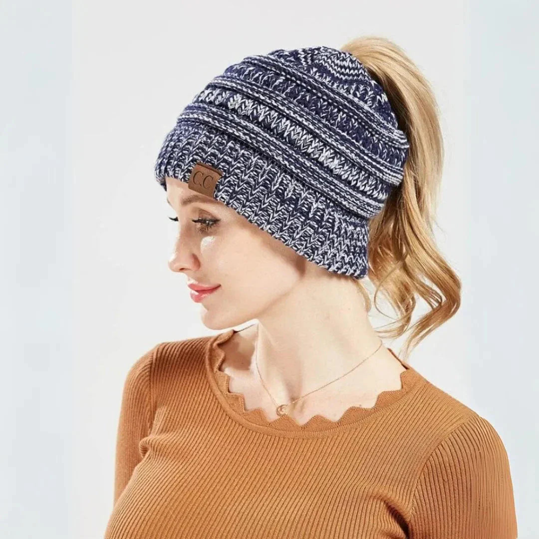 Bonnet Tricot Olie Avec Ouverture Pour Queue De Cheval Maille Chaude Confortable Et Élastique