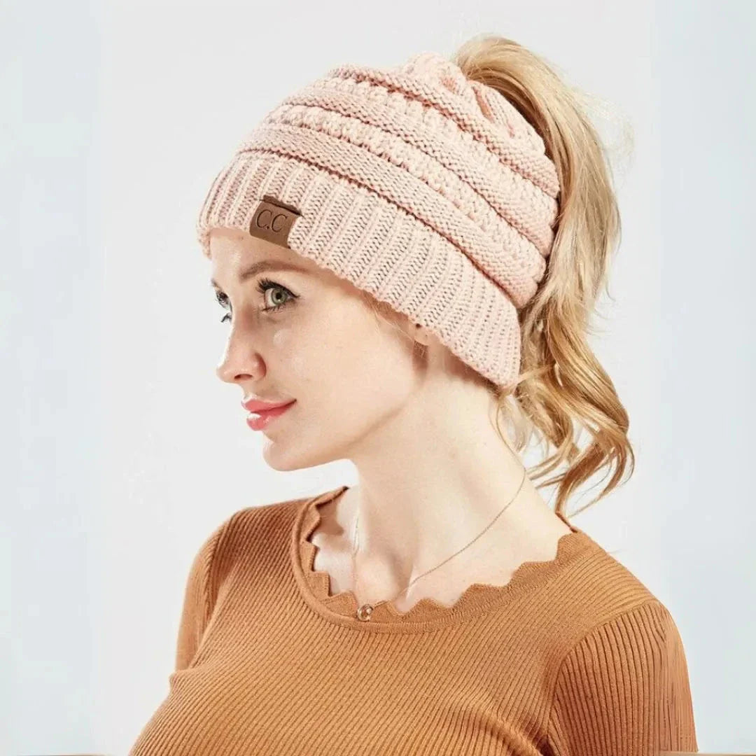 Bonnet Tricot Olie Avec Ouverture Pour Queue De Cheval Maille Chaude Confortable Et Élastique