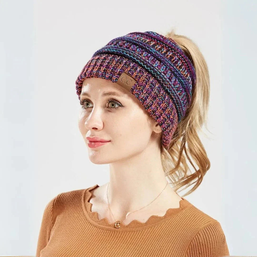 Bonnet Tricot Olie Avec Ouverture Pour Queue De Cheval Maille Chaude Confortable Et Élastique