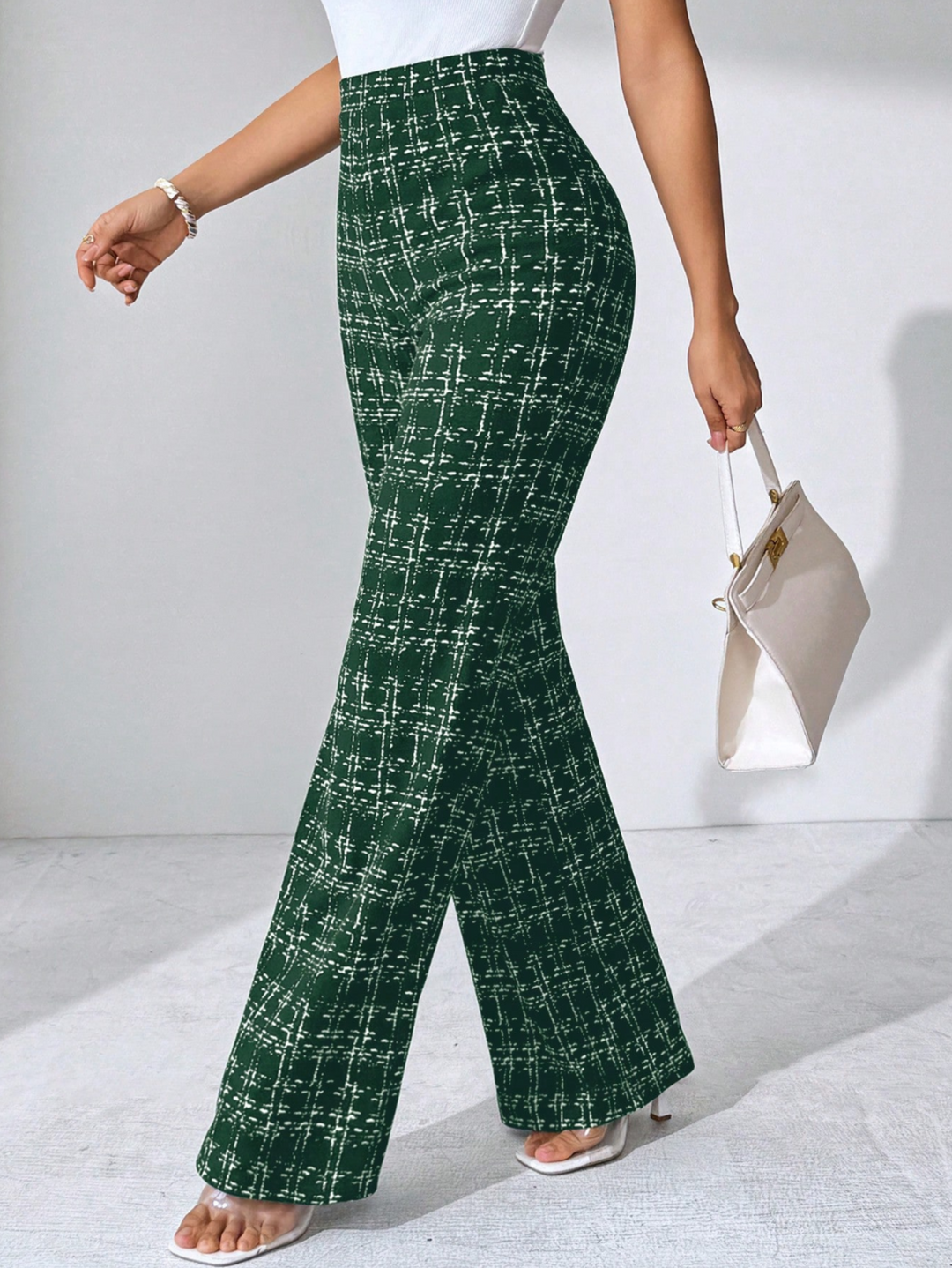 Maribel Pantalon Évasé à Carreaux Motif Croisé En Maille Ultra Douce Avec Taille Haute Élastique
