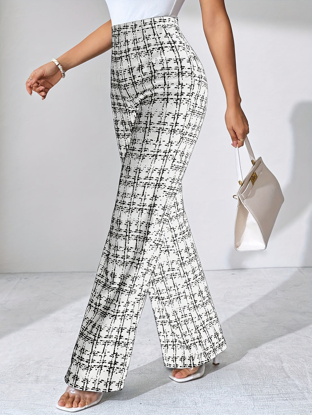 Maribel Pantalon Évasé à Carreaux Motif Croisé En Maille Ultra Douce Avec Taille Haute Élastique