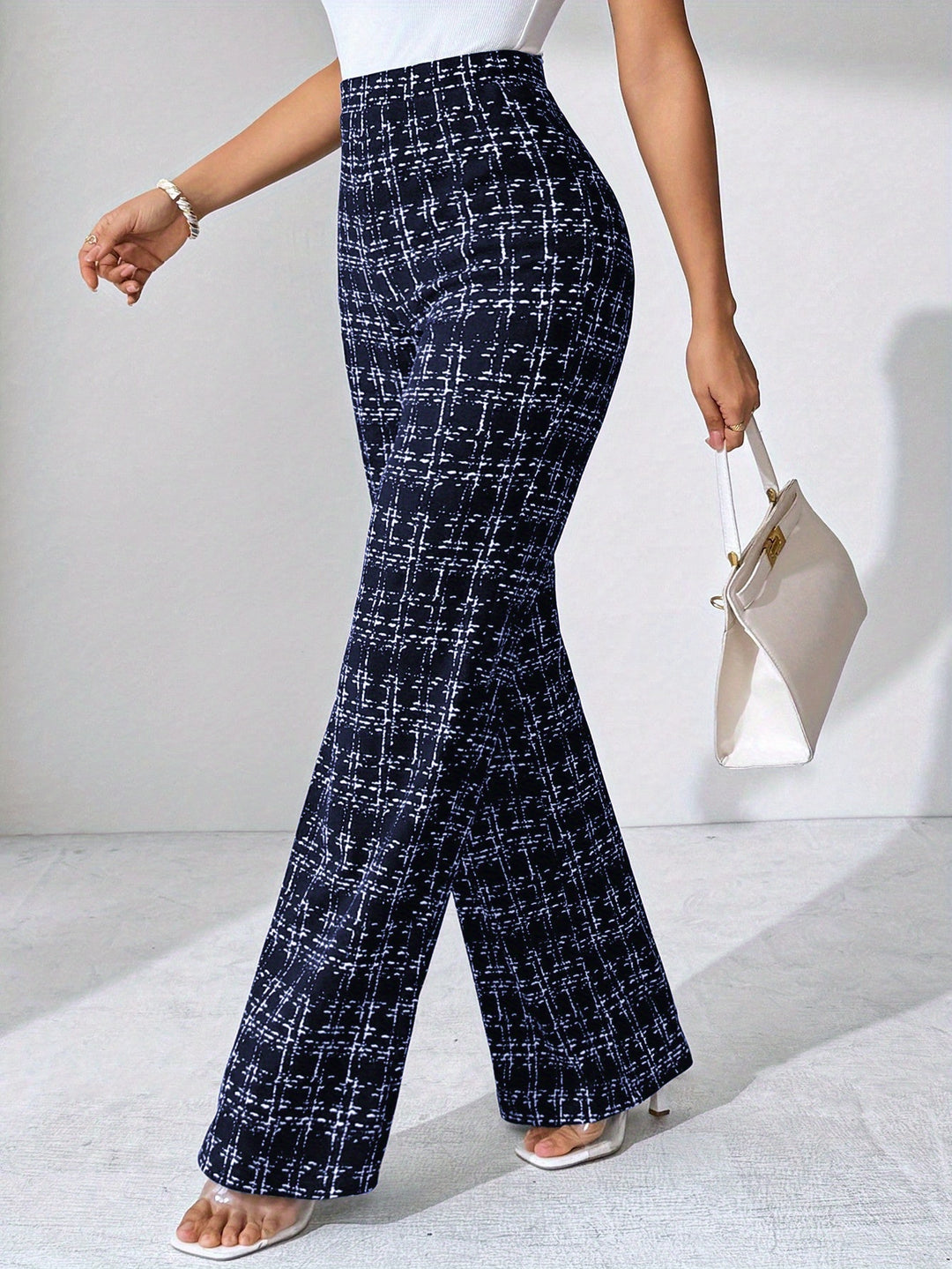 Maribel Pantalon Évasé à Carreaux Motif Croisé En Maille Ultra Douce Avec Taille Haute Élastique