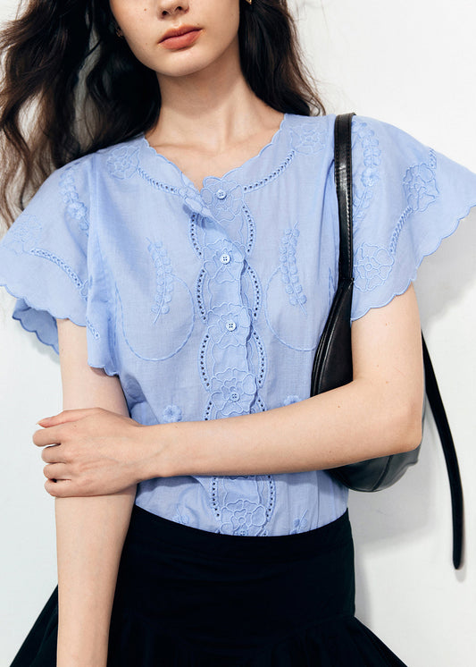 Chemises en coton bio bleu brodé à manches papillon - Amawinc