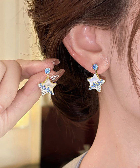 Boucles d'oreilles originales en alliage de cuivre bleu, zircon et résine en forme d'étoile - Amawinc