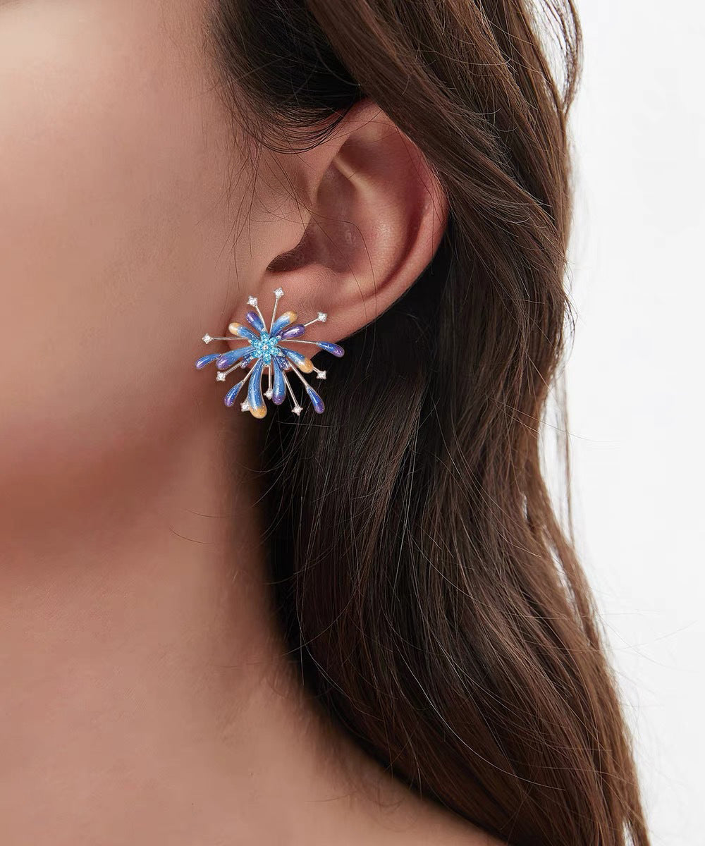 Boucles d'oreilles à tige originales en argent sterling bleu et zircon en forme de feux d'artifice - Amawinc