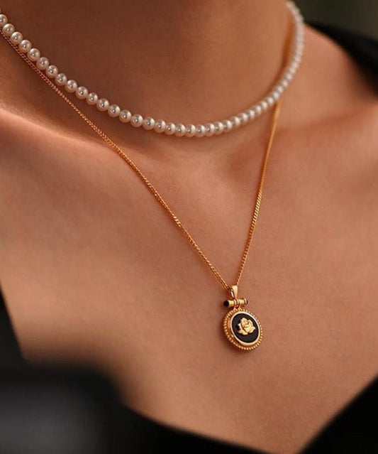Collier avec pendentif en agate noire surdorée en argent sterling au design original - Amawinc