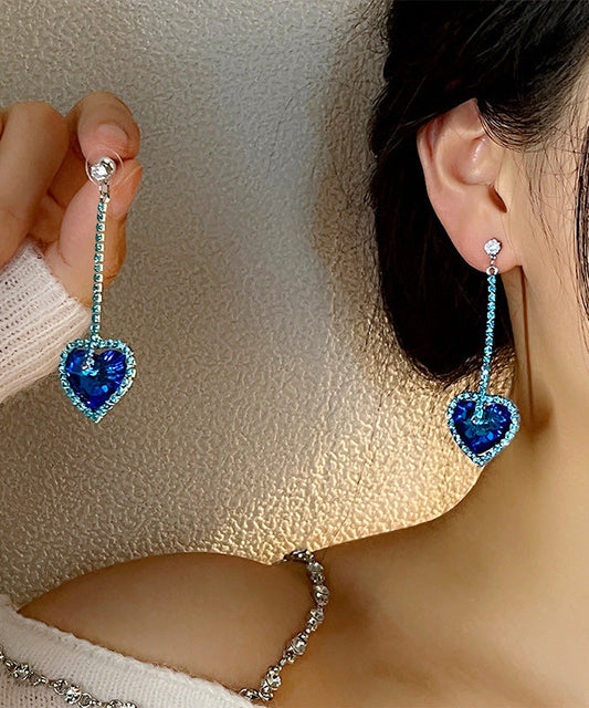 Boucles d'oreilles pendantes originales en argent sterling et zircon bleu avec motif floral Love - Amawinc