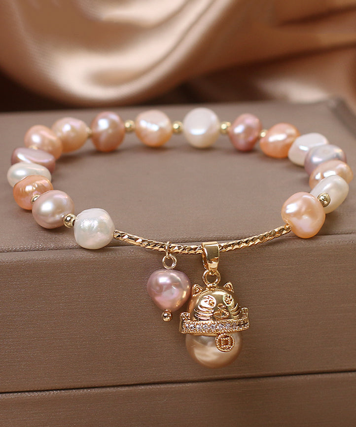 Bracelet à breloques et pompon en forme de chat porte-bonheur avec perles en cuivre champagne et surdoré, design original - Amawinc