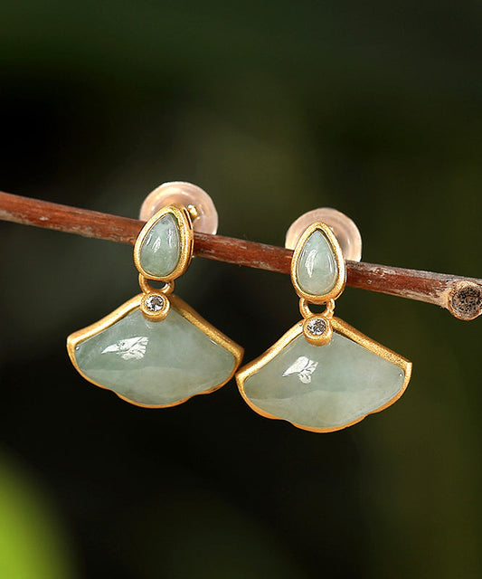 Boucles d'oreilles à tige en argent sterling cyan avec feuille de ginkgo et zircone surdoré au design original - Amawinc