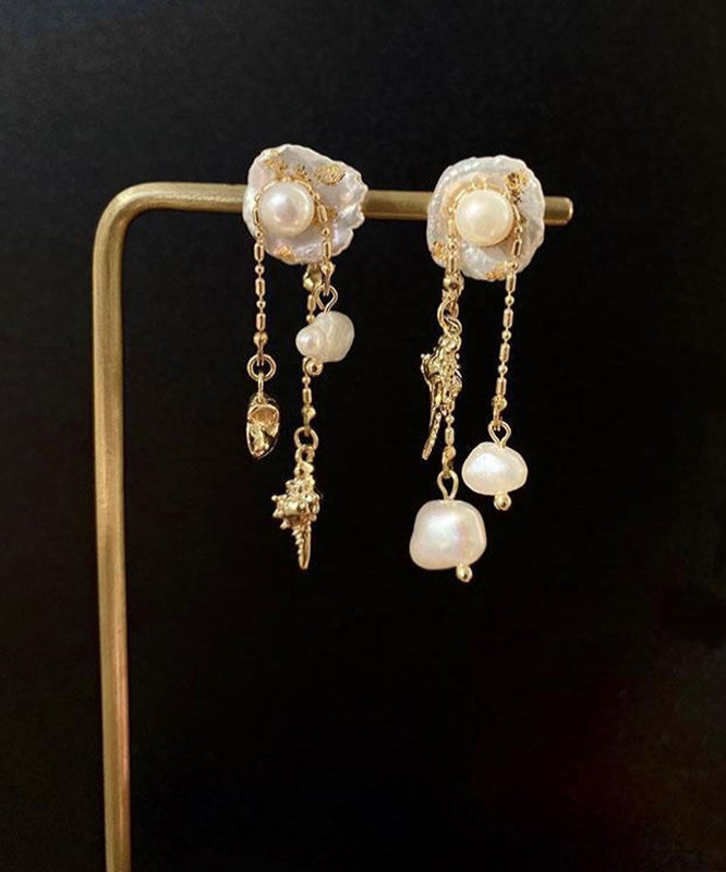 Boucles d'oreilles pendantes originales en alliage de cuivre doré et perles de conque - Amawinc