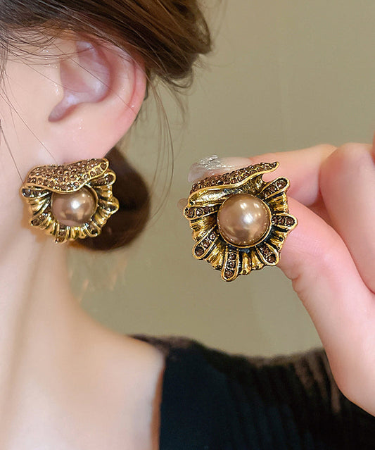 Boucles d'oreilles à tige en alliage de cuivre doré et perles de zircon au design original - Amawinc