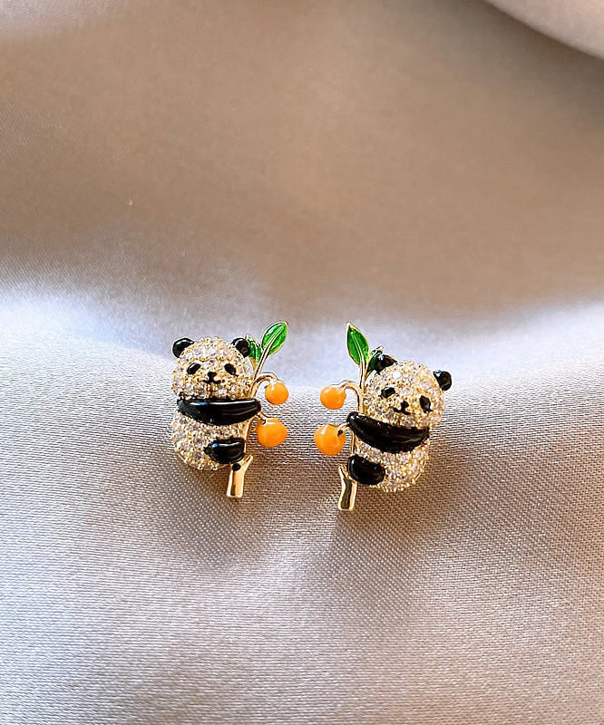 Boucles d'oreilles à tige en forme de panda kaki et zircon doré au design original - Amawinc