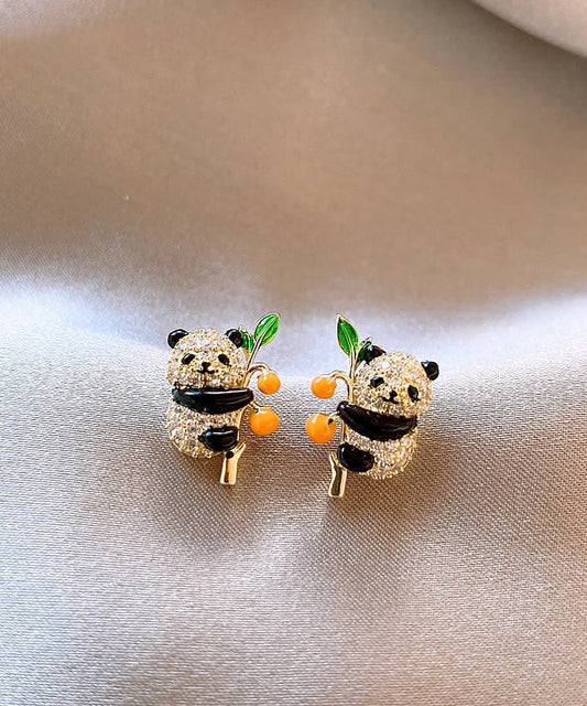 Boucles d'oreilles à tige en forme de panda kaki et zircon doré au design original - Amawinc