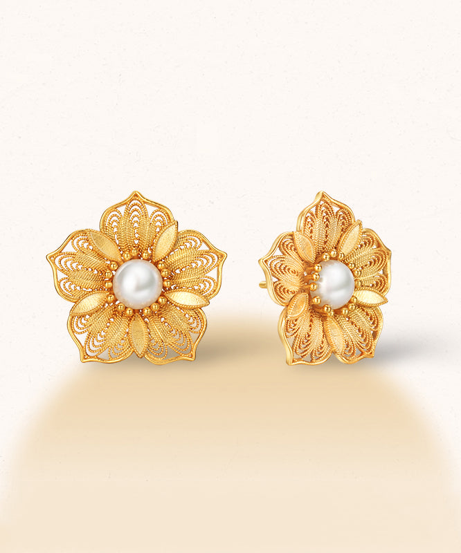 Boucles d'oreilles à tige ajourées en argent sterling doré et perle au design original - Amawinc