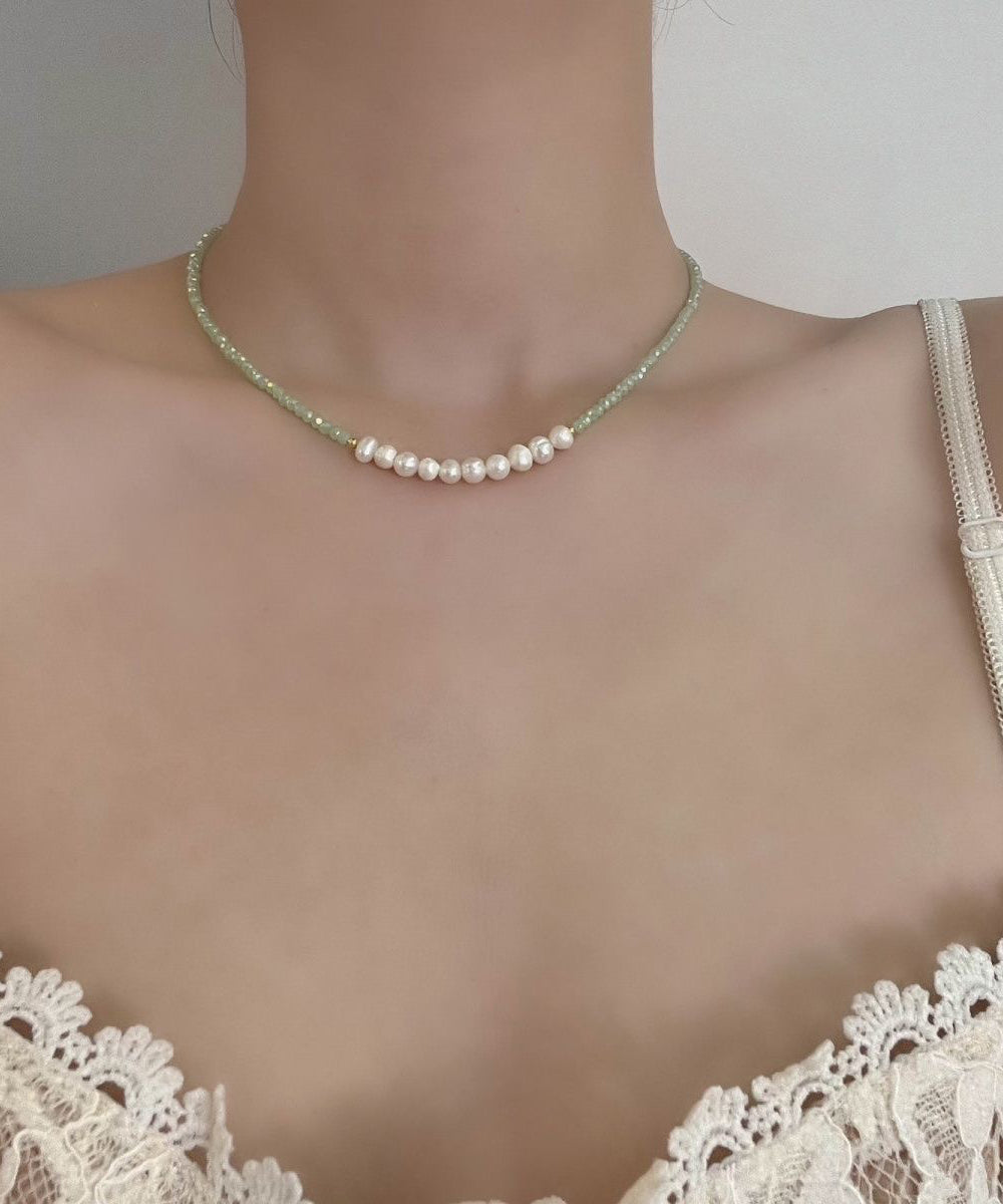 Collier de perles en acier inoxydable vert clair au design original, avec perles en cristal graduées - Amawinc