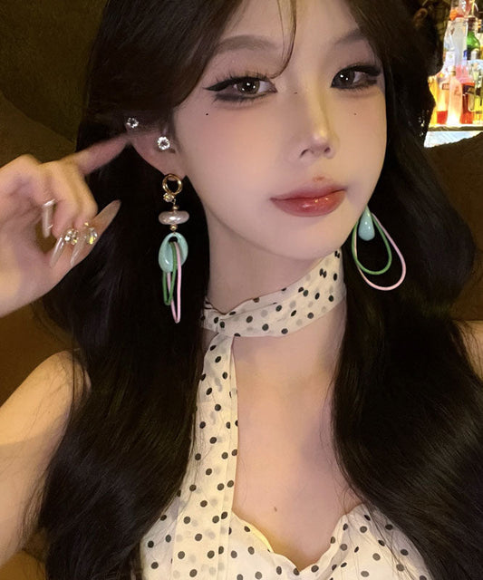 Boucles d'oreilles pendantes originales en alliage de cuivre arc-en-ciel avec perles - Amawinc