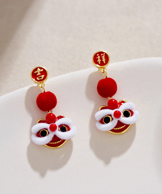 Boucles d'oreilles pendantes en velours de soie et cuivre rouge orange de conception originale Lion Dance - Amawinc