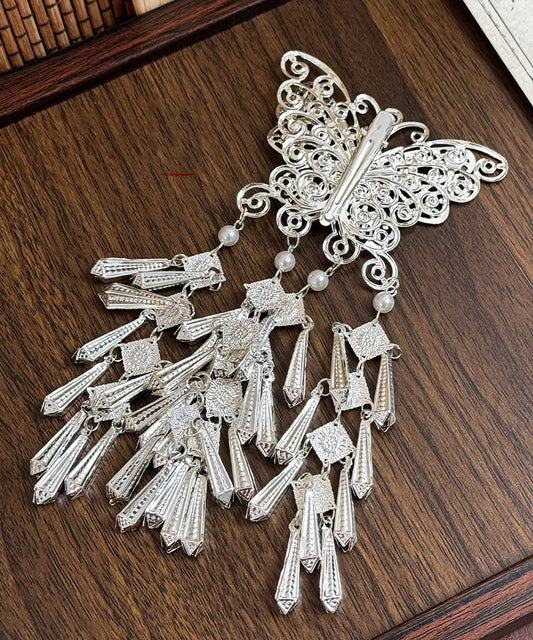 Épingle à cheveux papillon à pompon en soie, argent sterling et perle, design original - Amawinc