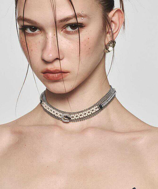 Collier original en alliage d'or et perles de zircon - Amawinc
