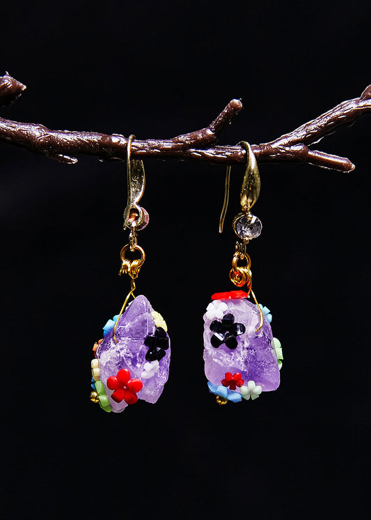 Boucles d'oreilles pendantes originales en Jade naturel violet, fleurs multicolores - Amawinc
