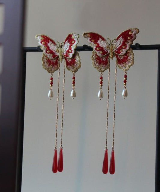 Épingle à cheveux originale en argent sterling rouge doré à broderie papillon et pompon - Amawinc