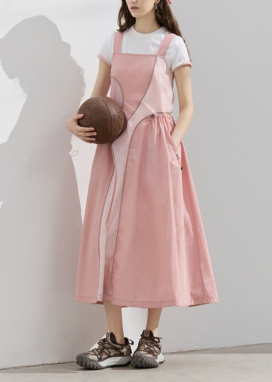 Robe d'été originale rose à bretelles et cordon de serrage asymétrique en patchwork - Amawinc