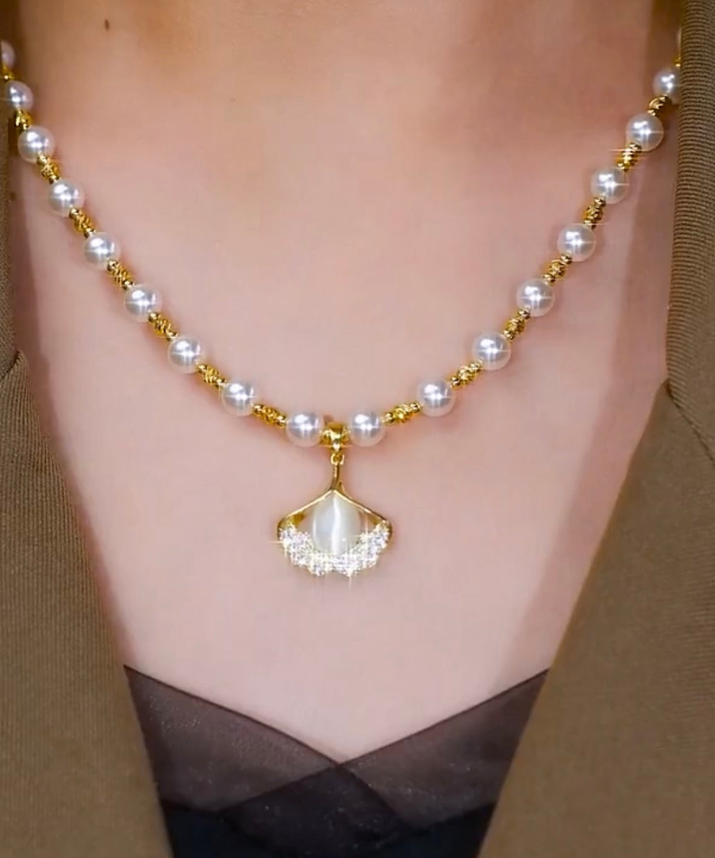 Collier original avec pendentif en alliage de cuivre blanc, pierre œil de chat, perle et zircon - Amawinc